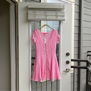 VO-VIRGIN ONLY Pink Preppy Lace Eyelet Circle Zip Front Wedding Mini Dress L